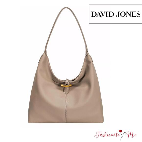 David Jones High Quality Leather Back Pocket Classic Hobo Shoulder Bag | Taupe - Picture 1 of 6
